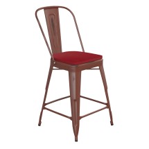 Flash Furniture ET-3534-24-RD-PL1R-GG 24" Kelly Red Metal Indoor/Outdoor Counter Height Stool with Back with Red Poly Resin Wood Seat