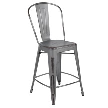 Flash Furniture ET-3534-24-SIL-GG 24" Distressed Silver Gray Metal Indoor/Outdoor Counter Height Stool with Back