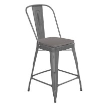 Flash Furniture ET-3534-24-SIL-PL1G-GG 24&quot; Silver Gray Metal Indoor/Outdoor Counter Height Stool with Back with Gray Poly Resin Wood Seat
