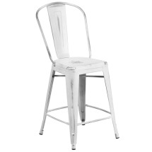 Flash Furniture ET-3534-24-WH-GG 24&quot; Distressed White Metal Indoor/Outdoor Counter Height Stool with Back