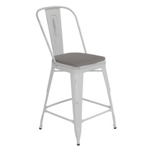 Flash Furniture ET-3534-24-WH-PL1G-GG 24&quot; White Metal Indoor/Outdoor Counter Height Stool with Back with Gray Poly Resin Wood Seat