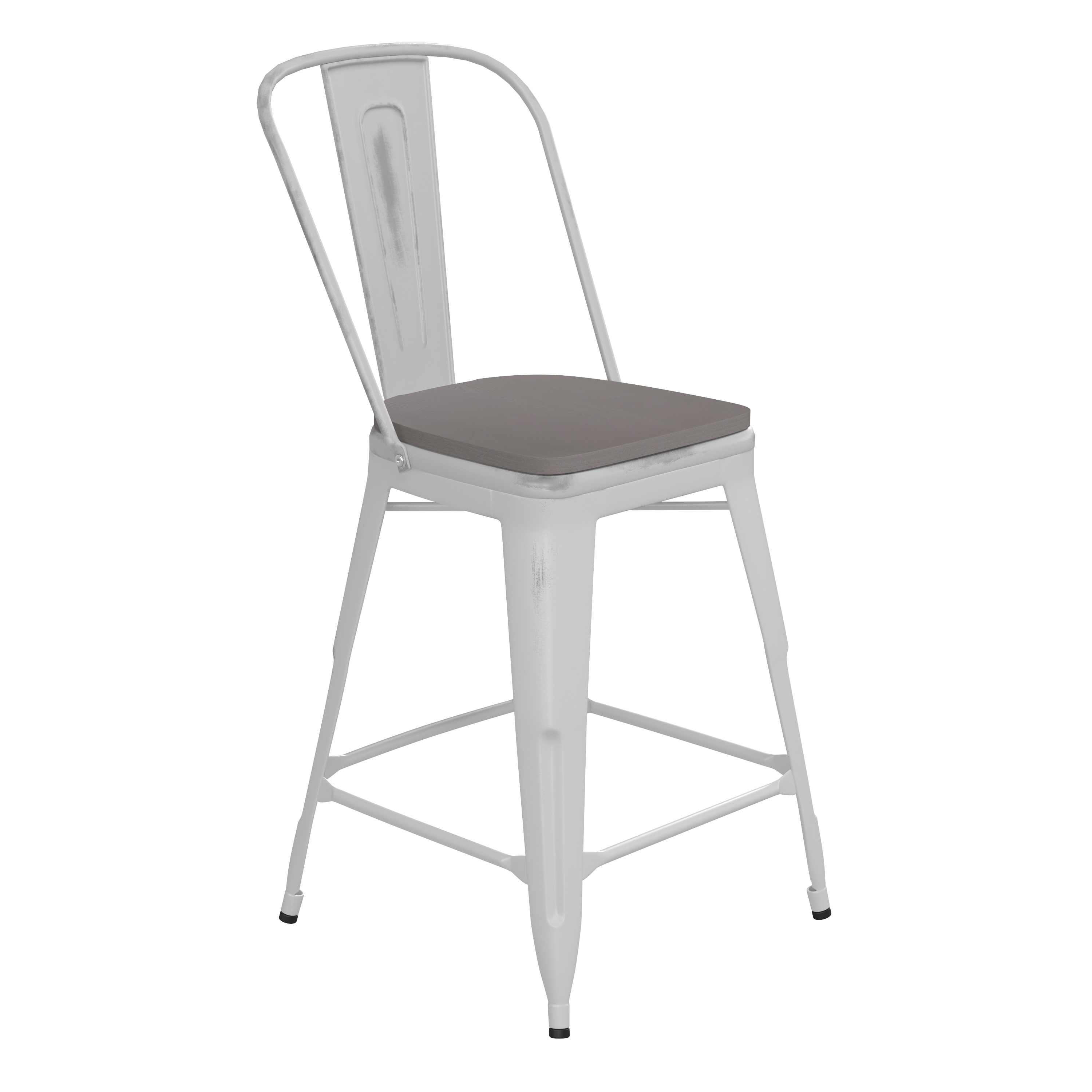 Flash Furniture ET-3534-24-WH-PL1G-GG 24" White Metal Indoor/Outdoor Counter Height Stool with Back with Gray Poly Resin Wood Seat