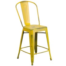 Flash Furniture ET-3534-24-YL-GG 24&quot; Distressed Yellow Metal Indoor/Outdoor Counter Height Stool with Back