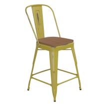 Flash Furniture ET-3534-24-YL-PL1T-GG 24&quot; Yellow Metal Indoor/Outdoor Counter Height Stool with Back with Teak Poly Resin Wood Seat