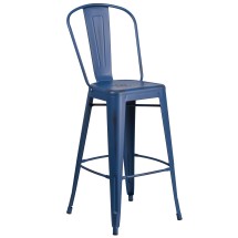 Flash Furniture ET-3534-30-AB-GG 30&quot; Distressed Antique Blue Metal Indoor/Outdoor Barstool with Back