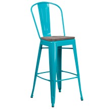 Flash Furniture ET-3534-30-CB-WD-GG 30" Crystal Teal-Blue Metal Barstool with Back and Wood Seat