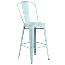 Flash Furniture ET-3534-30-DB-GG 30" Distressed Green-Blue Metal Indoor/Outdoor Barstool with Back