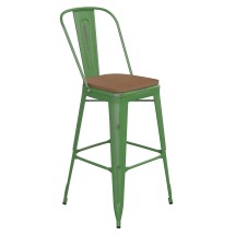 Flash Furniture ET-3534-30-GN-PL1T-GG 30&quot; Green Metal Indoor/Outdoor Barstool with Back with Teak Poly Resin Wood Seat