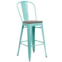 Flash Furniture ET-3534-30-MINT-WD-GG 30" Mint Green Metal Barstool with Back and Wood Seat
