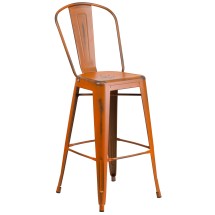 Flash Furniture ET-3534-30-OR-GG 30" Distressed Orange Metal Indoor/Outdoor Barstool with Back
