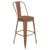 Flash Furniture ET-3534-30-OR-PL1T-GG 30&quot; Orange Metal Indoor/Outdoor Barstool with Back with Teak Poly Resin Wood Seat