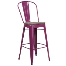 Flash Furniture ET-3534-30-PUR-WD-GG 30&quot; Purple Metal Barstool with Back and Wood Seat