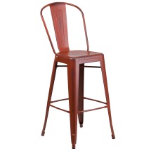 Flash Furniture ET-3534-30-RD-GG 30" Distressed Kelly Red Metal Indoor/Outdoor Barstool with Back
