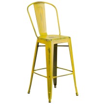 Flash Furniture ET-3534-30-YL-GG 30&quot; Distressed Yellow Metal Indoor/Outdoor Barstool with Back