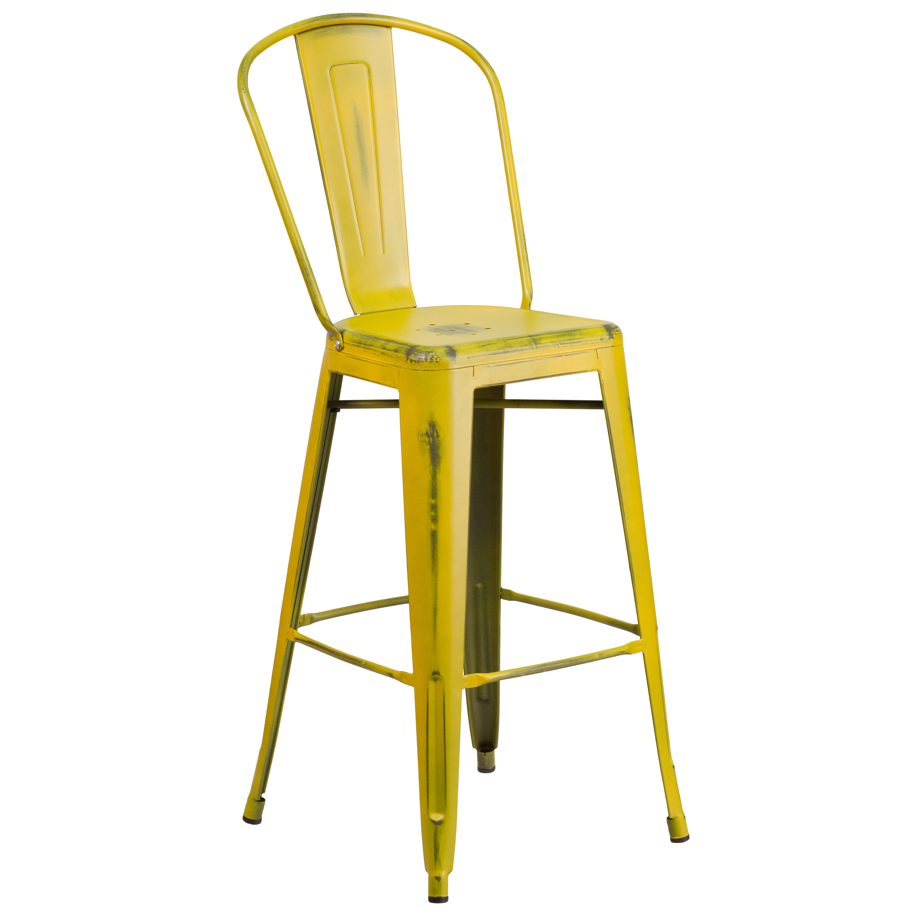 Flash Furniture ET-3534-30-YL-GG 30" Distressed Yellow Metal Indoor/Outdoor Barstool with Back