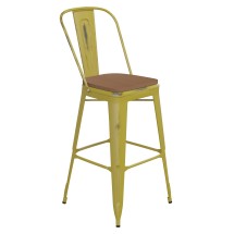 Flash Furniture ET-3534-30-YL-PL1T-GG 30" Yellow Metal Indoor/Outdoor Barstool with Back with Teak Poly Resin Wood Seat