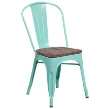Flash Furniture ET-3534-MINT-WD-GG Mint Green Metal Stackable Chair with Wood Seat