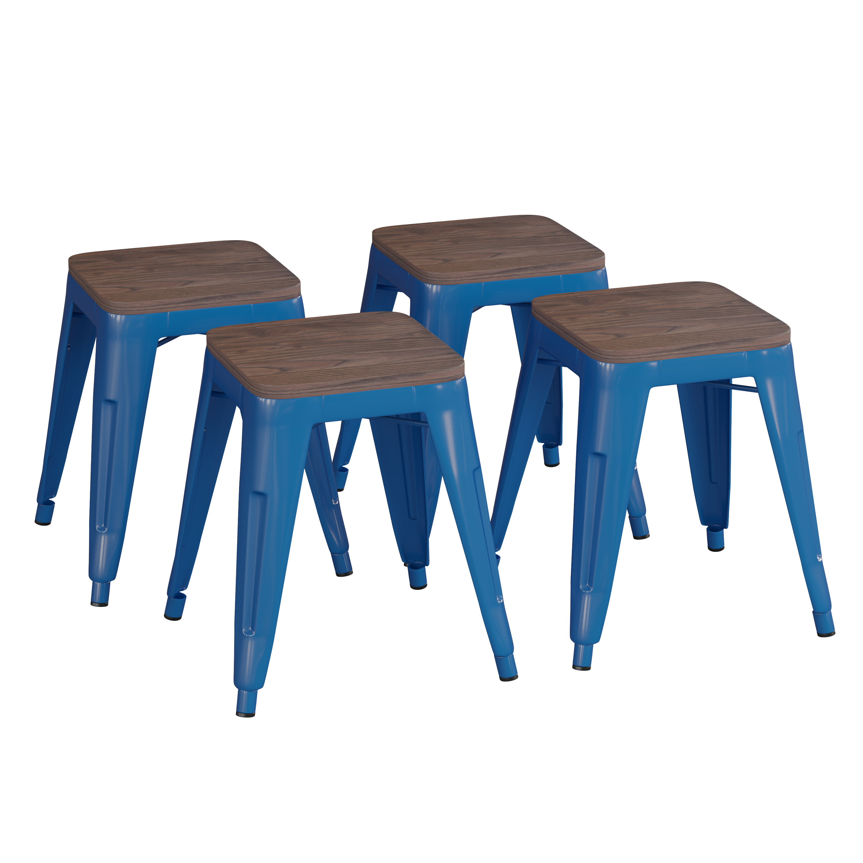 Flash Furniture ET-BT3503-18-BL-WD-GG 18" Stackable Backless Royal Blue Metal Indoor Dining Stool with Wooden Seat--Set of 4