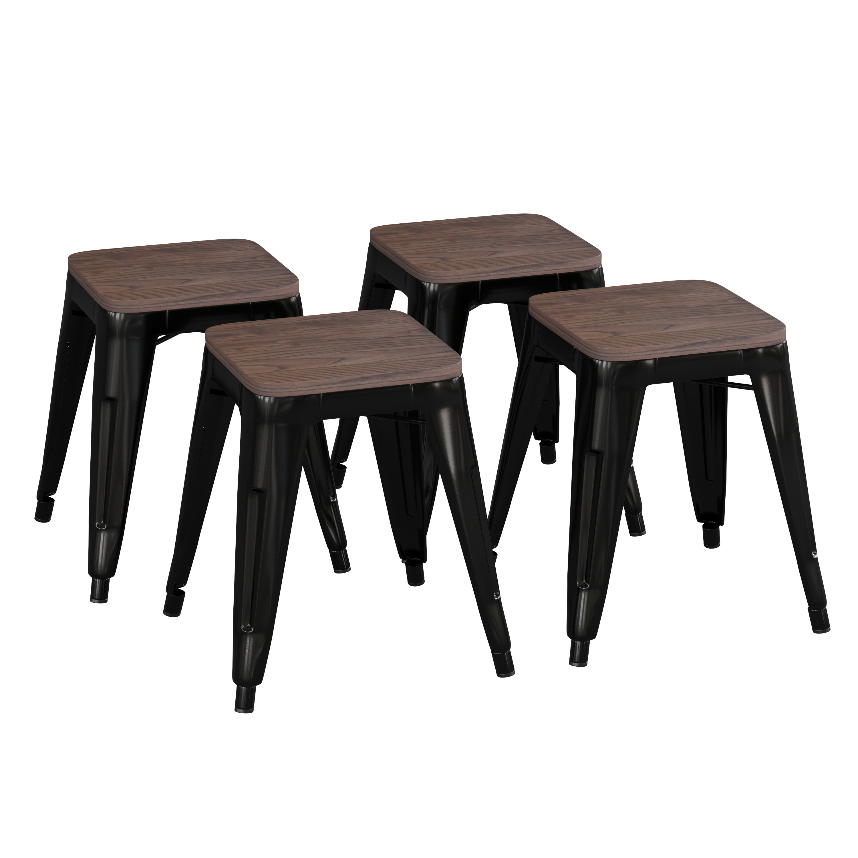 Flash Furniture ET-BT3503-18-BLK-WD-GG 18" Stackable Backless Black Metal Indoor Table Height Dining Stool with Wooden Seat, Set of 4