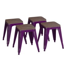 Flash Furniture ET-BT3503-18-PR-WD-GG 18&quot; Stackable Backless Purple Metal Indoor Dining Stool with Wooden Seat - Set of 4