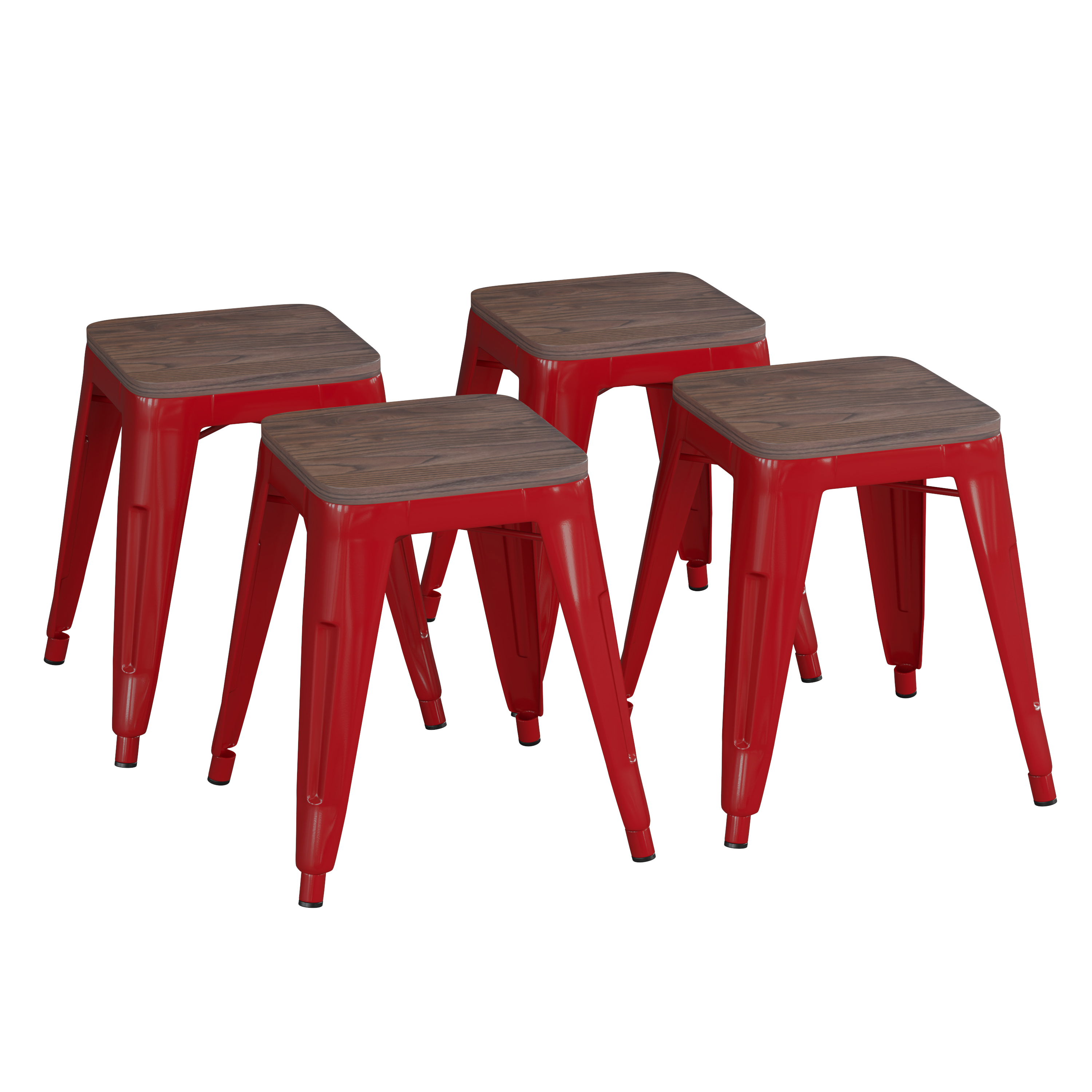 Flash Furniture ET-BT3503-18-RED-WD-GG 18" Stackable Backless Red Metal Indoor Dining Stool with Wooden Seat- - Set of 4