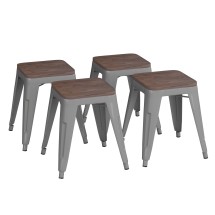 Flash Furniture ET-BT3503-18-SIL-WD-GG 18&quot; Stackable Backless Silver Metal Indoor Dining Stool with Wooden Seat- - Set of 4