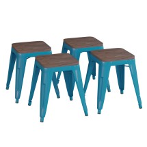 Flash Furniture ET-BT3503-18-TL-WD-GG 18&quot; Stackable Backless Teal Metal Indoor Dining Stool with Wooden Seat - Set of 4