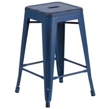 Flash Furniture ET-BT3503-24-AB-GG 24" Backless Distressed Antique Blue Metal Indoor/Outdoor Counter Height Stool