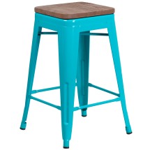 Flash Furniture ET-BT3503-24-CB-WD-GG 24&quot; Backless Crystal Teal-Blue Counter Height Stool with Square Wood Seat