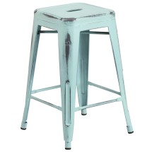 Flash Furniture ET-BT3503-24-DB-GG 24" Backless Distressed Green-Blue Metal Indoor/Outdoor Counter Height Stool