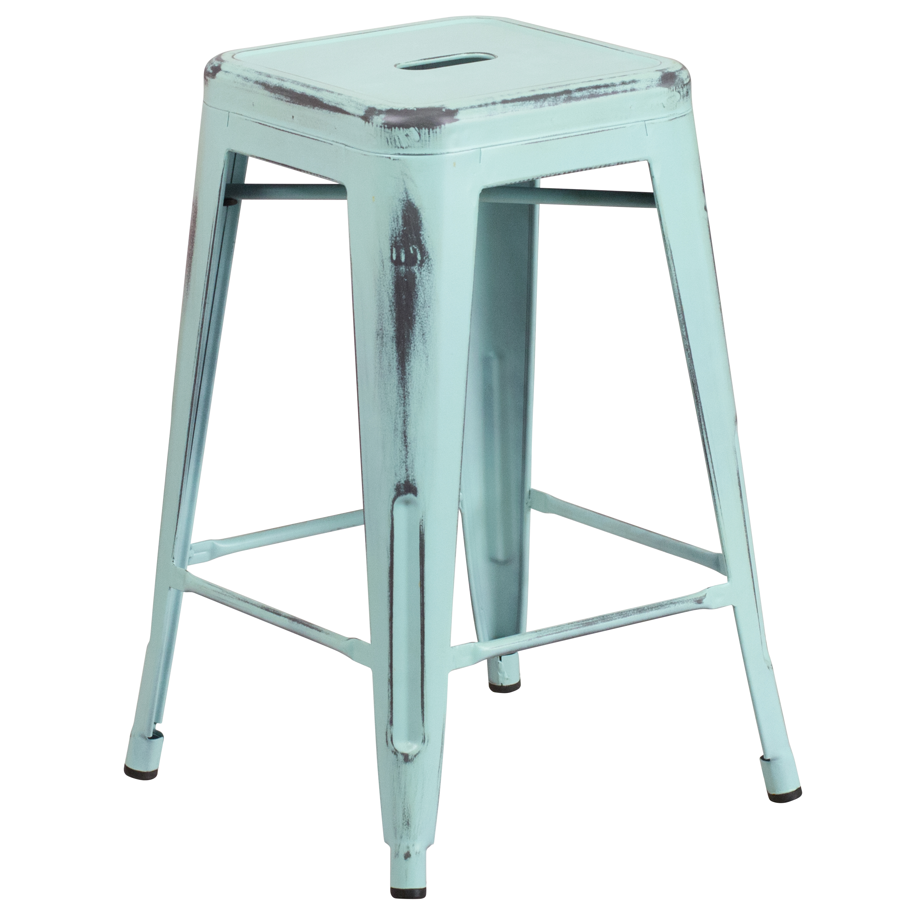 Flash Furniture ET-BT3503-24-DB-GG 24" Backless Distressed Green-Blue Metal Indoor/Outdoor Counter Height Stool