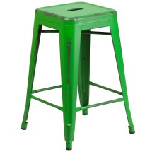 Flash Furniture ET-BT3503-24-GN-GG 24" Backless Distressed Green Metal Indoor/Outdoor Counter Height Stool