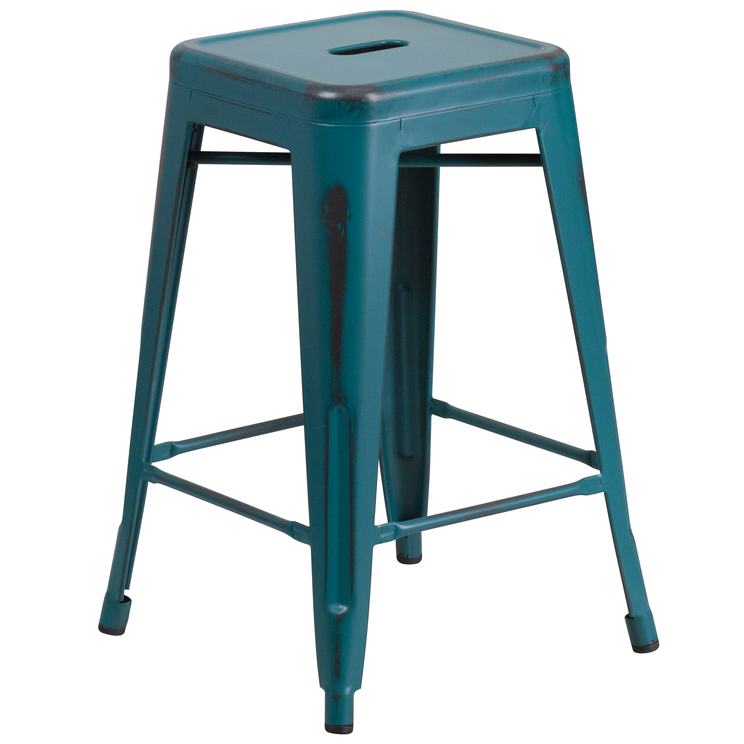 Flash Furniture ET-BT3503-24-KB-GG 24" Backless Distressed Kelly Blue-Teal Metal Indoor/Outdoor Counter Height Stool