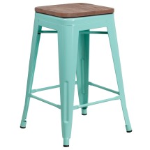 Flash Furniture ET-BT3503-24-MINT-WD-GG 24" Backless Mint Green Counter Height Stool with Square Wood Seat
