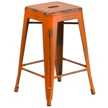 Flash Furniture ET-BT3503-24-OR-GG 24&quot; Backless Distressed Orange Metal Indoor/Outdoor Counter Height Stool