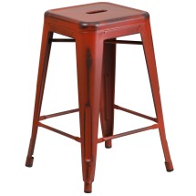 Flash Furniture ET-BT3503-24-RD-GG 24&quot; Backless Distressed Kelly Red Metal Indoor/Outdoor Counter Height Stool
