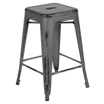 Flash Furniture ET-BT3503-24-SIL-GG 24" Backless Distressed Silver Gray Metal Indoor/Outdoor Counter Height Stool