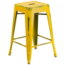 Flash Furniture ET-BT3503-24-YL-GG 24" Backless Distressed Yellow Metal Indoor/Outdoor Counter Height Stool