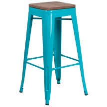 Flash Furniture ET-BT3503-30-CB-WD-GG 30" Backless Crystal Teal-Blue Barstool with Square Wood Seat