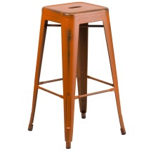 Flash Furniture ET-BT3503-30-OR-GG 30" Backless Distressed Orange Metal Indoor/Outdoor Barstool