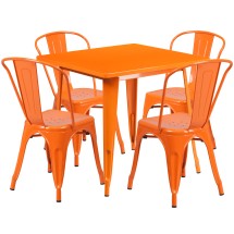 Flash Furniture ET-CT002-4-30-OR-GG 31.5" Square Orange Metal Indoor/Outdoor Table Set with 4 Stack Chairs
