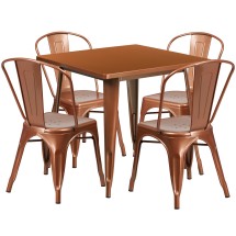 Flash Furniture ET-CT002-4-30-POC-GG 31.5" Square Copper Metal Indoor/Outdoor Table Set with 4 Stack Chairs