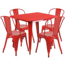 Flash Furniture ET-CT002-4-30-RED-GG 31.5" Square Red Metal Indoor/Outdoor Table Set with 4 Stack Chairs