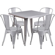Flash Furniture ET-CT002-4-30-SIL-GG 31.5" Square Silver Metal Indoor/Outdoor Table Set with 4 Stack Chairs