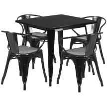 Flash Furniture ET-CT002-4-70-BK-GG 31.5" Square Black Metal Indoor/Outdoor Table Set with 4 Arm Chairs