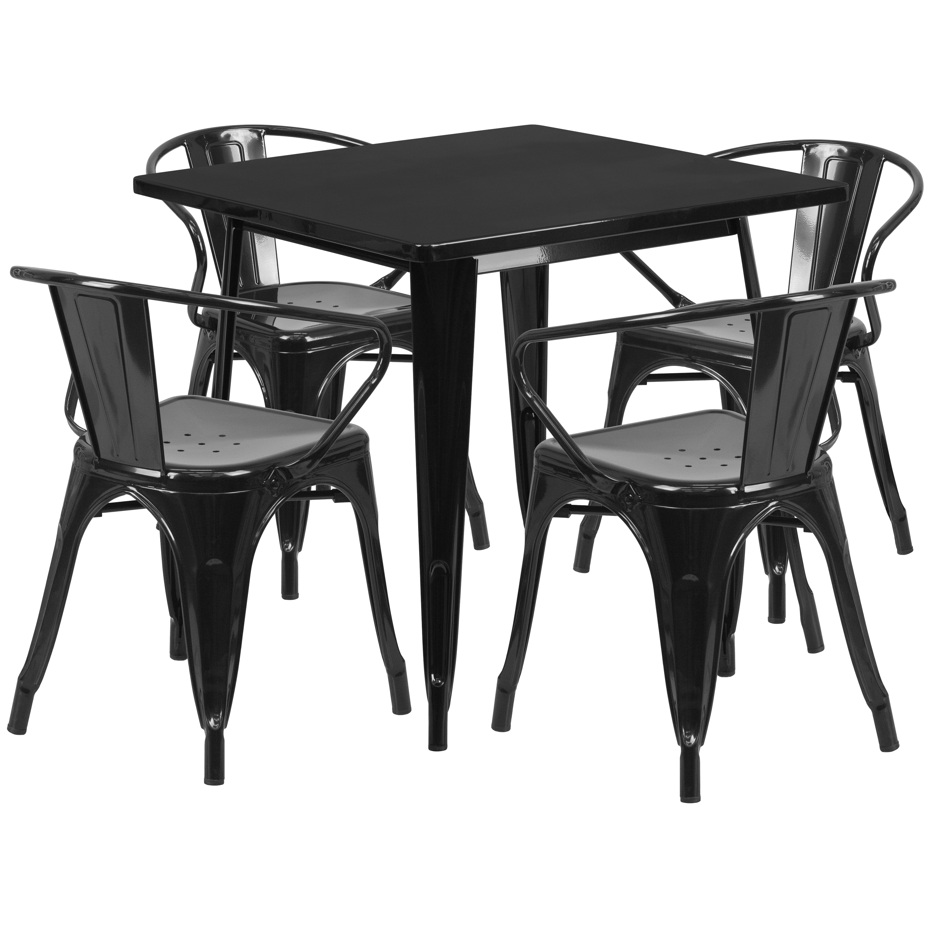 Flash Furniture ET-CT002-4-70-BK-GG 31.5" Square Black Metal Indoor/Outdoor Table Set with 4 Arm Chairs
