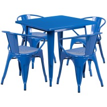 Flash Furniture ET-CT002-4-70-BL-GG 31.5" Square Blue Metal Indoor/Outdoor Table Set with 4 Arm Chairs