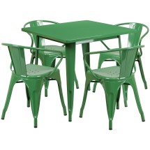 Flash Furniture ET-CT002-4-70-GN-GG 31.5" Square Green Metal Indoor/Outdoor Table Set with 4 Arm Chairs