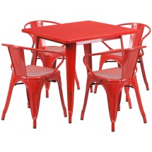 Flash Furniture ET-CT002-4-70-RED-GG 31.5" Square Red Metal Indoor/Outdoor Table Set with 4 Arm Chairs