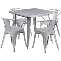 Flash Furniture ET-CT002-4-70-SIL-GG 31.5" Square Silver Metal Indoor/Outdoor Table Set with 4 Arm Chairs